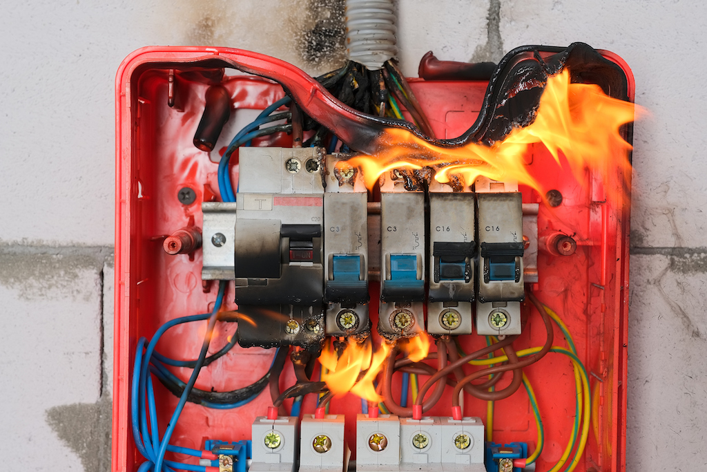 A circuit breaker on fire. Faulty wiring. | Emergency Electrical Repair