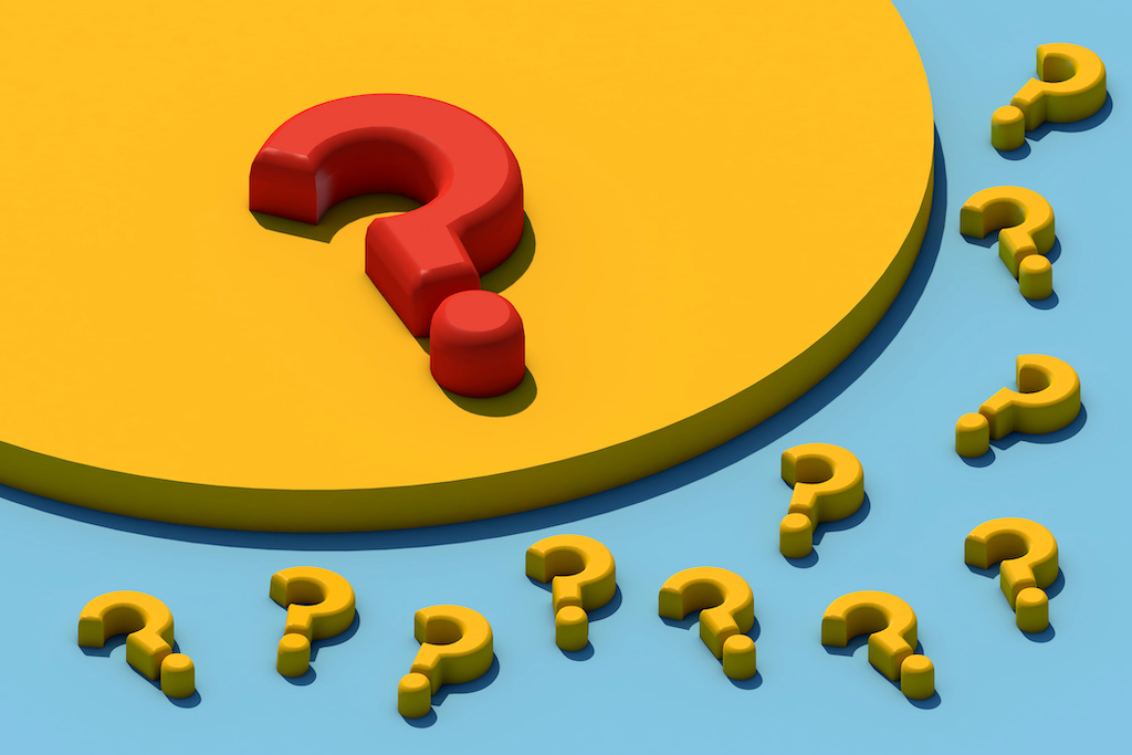Large red question mark with yellow question marks on blue background. | FAQs about code compliance. 