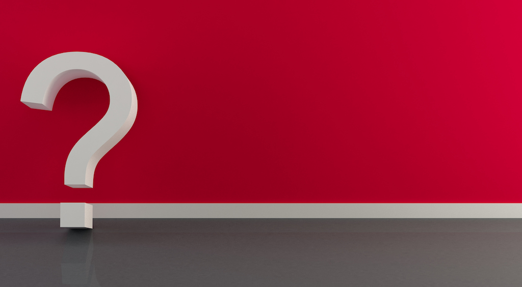 White 3D question mark with red and grey background. | FAQs about residential electrician service.